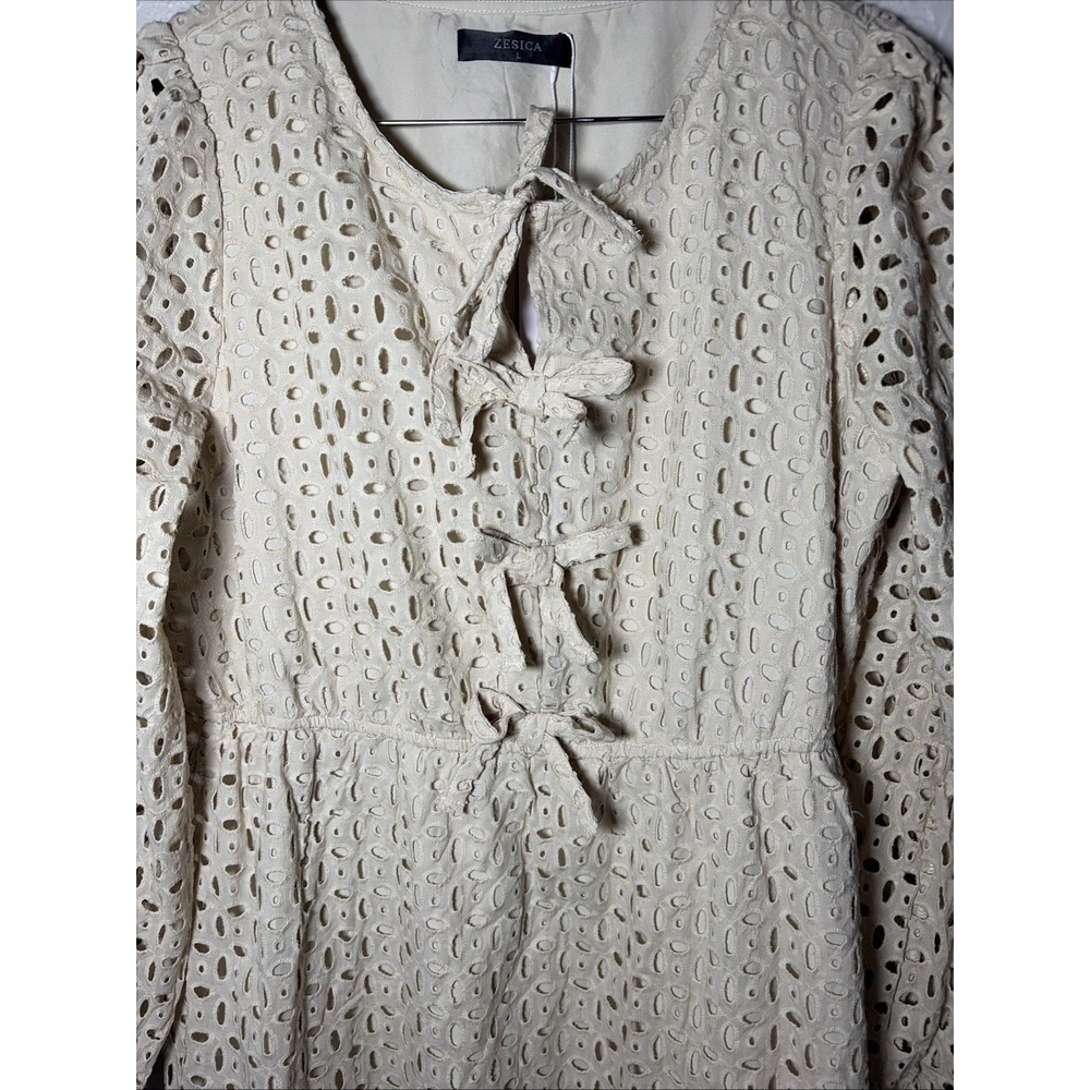 NWT Beige Zesica Long Sleeve Mini Babydoll Dress Tie Front‎ Eyelet, Large - Picture 2 of 9